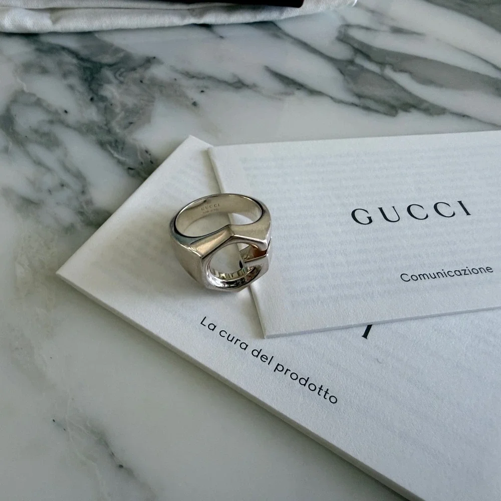 Gucci Sterling Silver Hexagon G Logo Ring Made in Italy Statement Band size 15